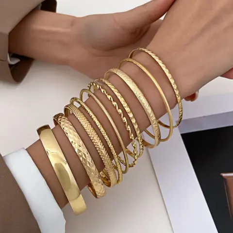 Women's 10pcs Textured Metal Design Bangle, Boho Ethnic Jewelry for Beach Party Vacation, Metal Bangles for Women Girl Gift Daily Use, Stackable Bracelets, Bangle Bracelet Set, Fashionable Bracelet Style