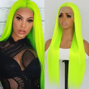 Aodbar hairs Fluorescent Green Long Straight Lace  Front Synthetic Wig Glueless HD Transparent Lace Wig Pre Plucked Natural Hairline Heat Resistant Fiber Hair Vibrant Lime Green Color Wig For Daily Use, Cospaly