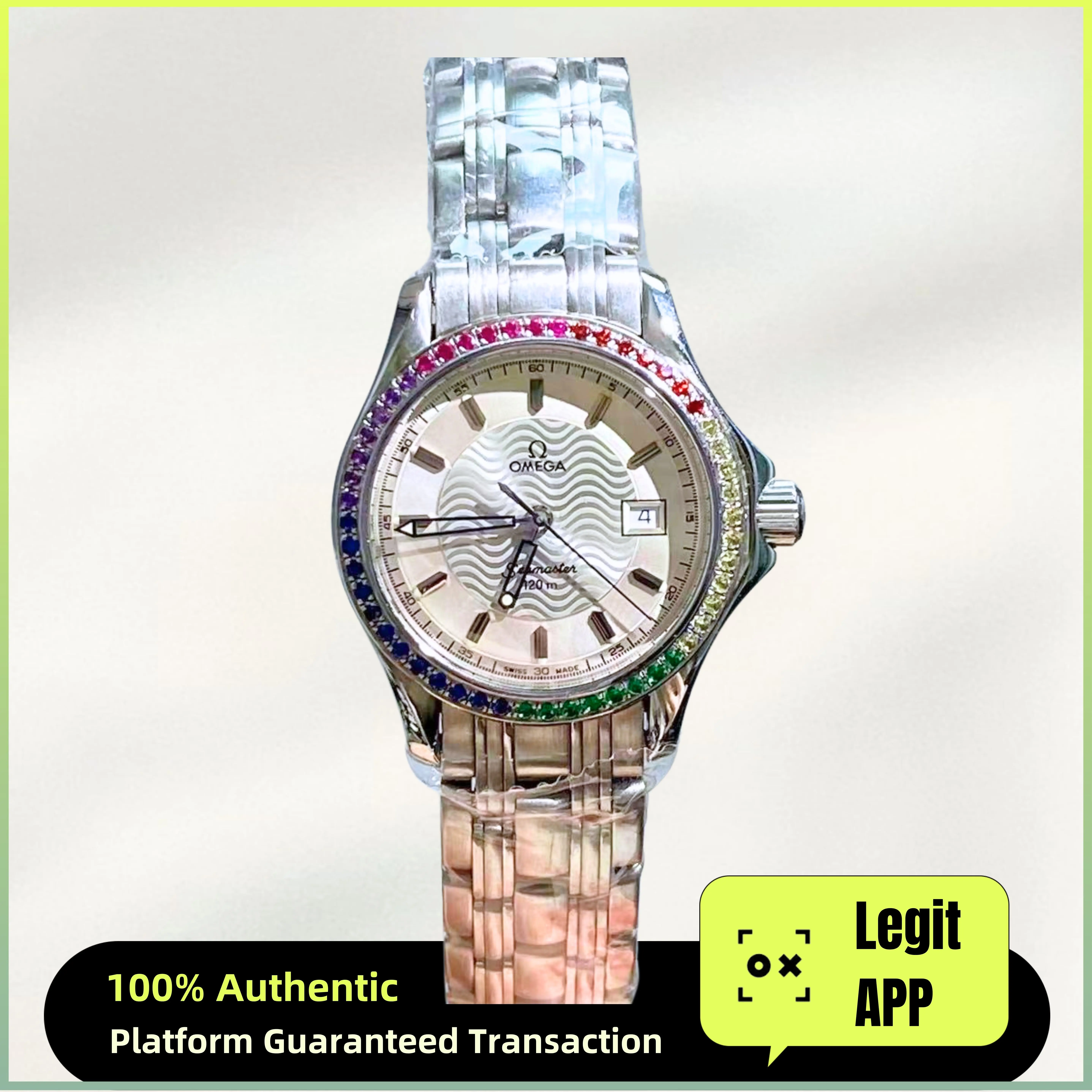 Omega Seamaster 26mm Stainless Steel White&Silver Dial Custom Rainbow Gemstone Bezel 13517651