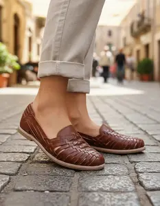 Women's Handmade Mexican Leather Huaraches Flat Slip-On Sandals Model 2206 Round Toe Genuine Leather Upper Comfortable Ethically Made in Mexico Footwear Walking Shoes
