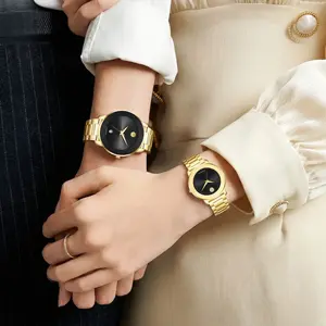 Couple's casual waterproof watch, stylish waterproof round dial simulated stainless steel quartz watch set, sapphire crystal glass, deep waterproof watch, modern trendy accessory, gift box packaging, luminous waterproof watch, fashionable watch.