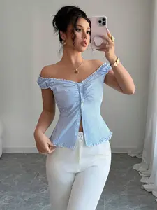 Elenzga Bohemian Keyhole Neck Elastic Ruched Button-Up Fitted Striped Blouse For Women, Spring/Summer