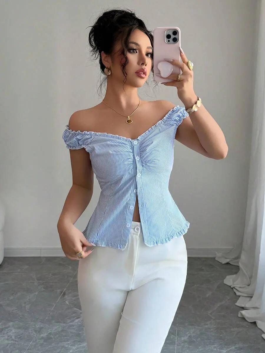 Elenzga Bohemian Keyhole Neck Elastic Ruched Button-Up Fitted Striped Blouse For Women, Spring/Summer