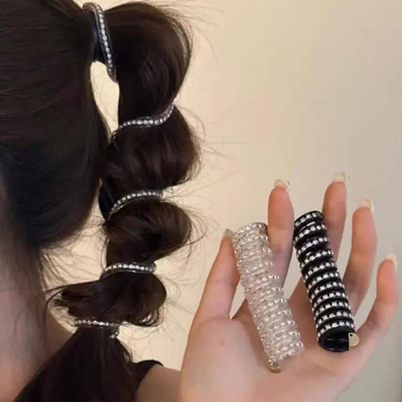 5PCS Rhinestone Telephone Wire Hair Ties High Elasticity Ponytail Holder Stylish Hair Accessories for Women Non Slip Hair Loop Braiding Tool Premium Headwear for Daily and Party Use