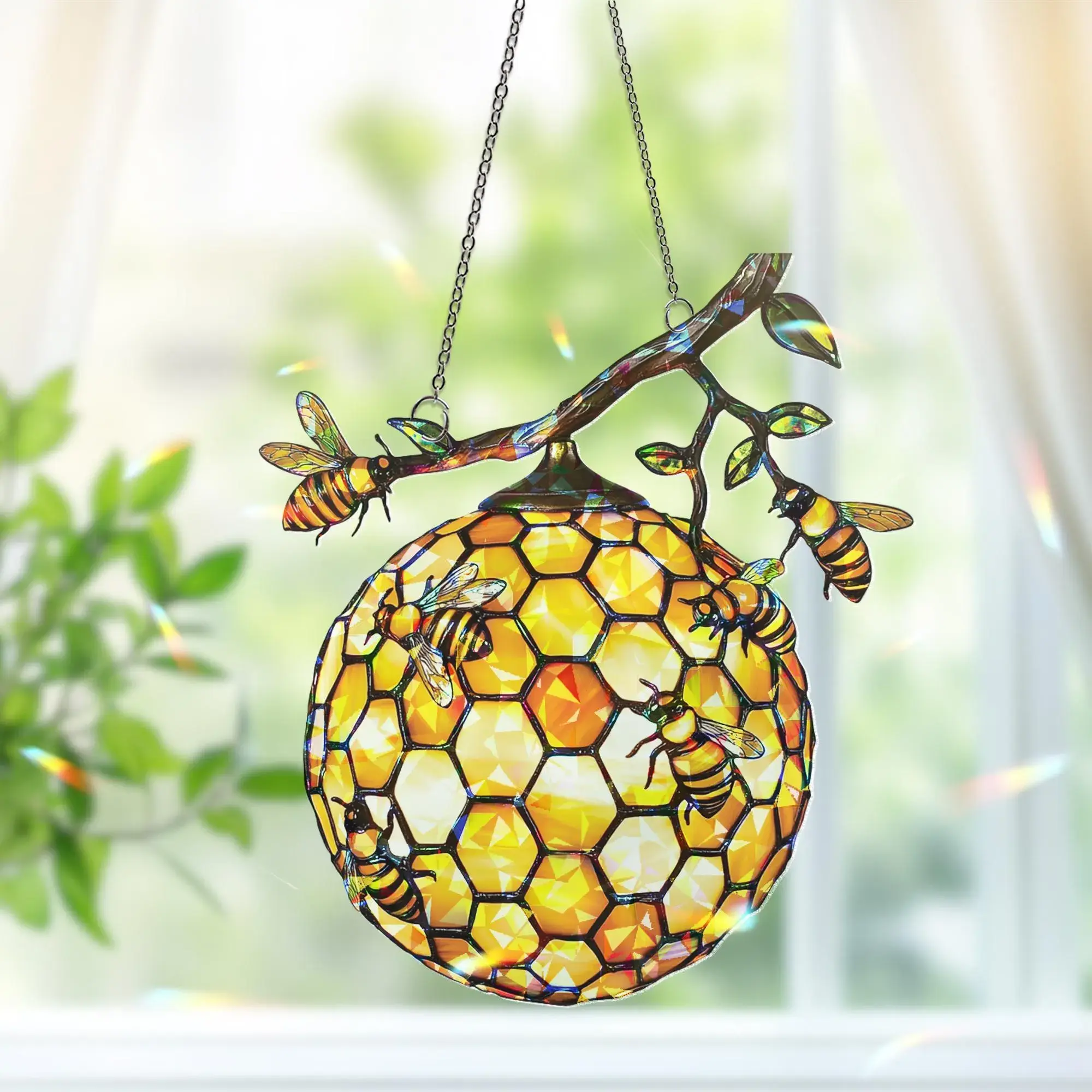 Beehive Honeybee Suncatcher, Nature Lover Gift, Bee Decor for Garden Kitchen, Nature Wall Decor, Bee Lovers Spring Home, Honeycomb Ornament