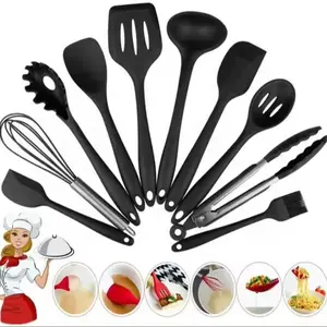 Silicone Kitchen Utensils Set of 10, Includes Spatula, Soup Spoon, Strainer, Egg Whisk, Storage Bucket, Essential Cooking Tools