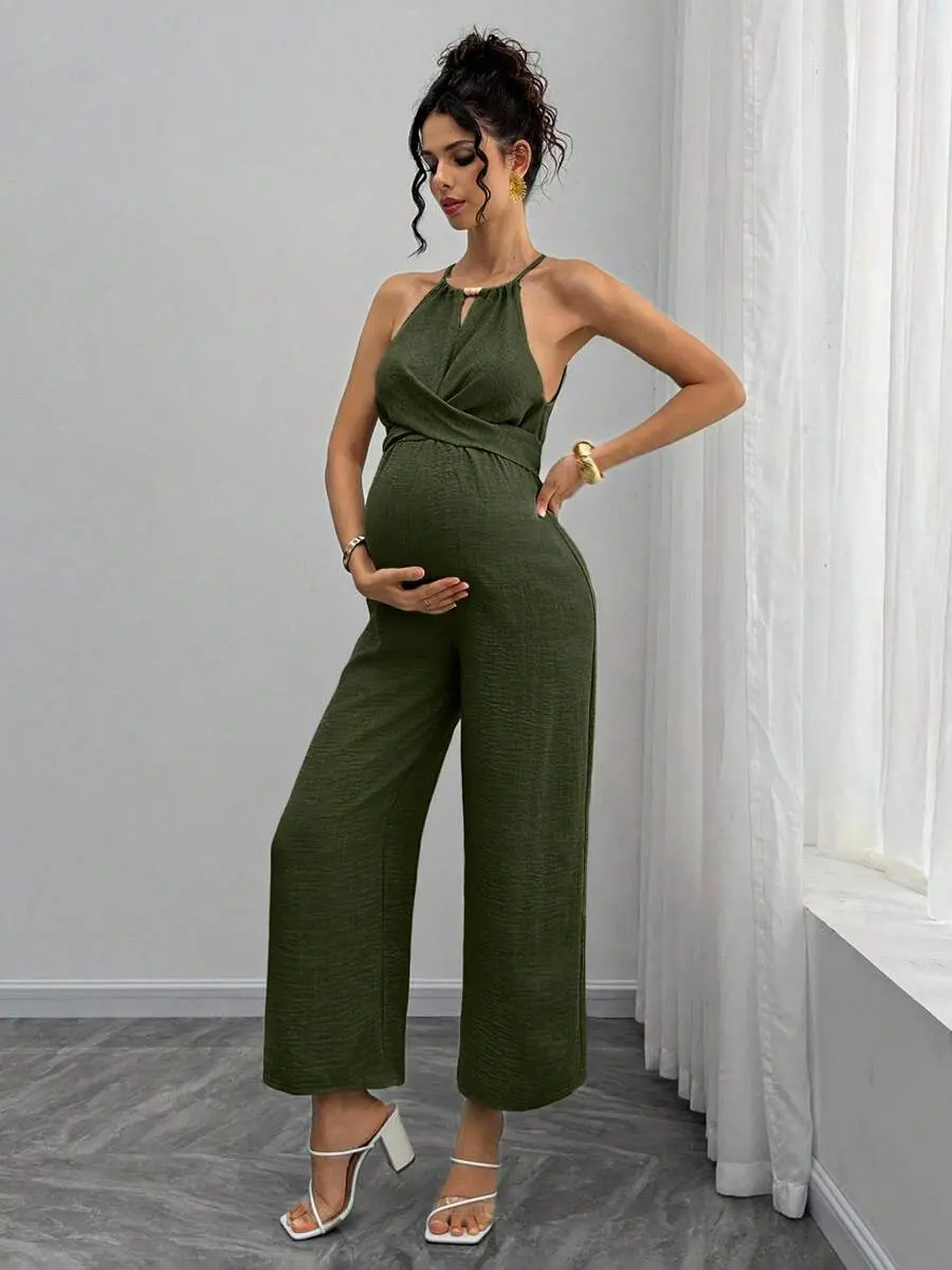 Maternity Jumpsuit Criss Cross Halter Tie Front Full Length Pants One Piece for Beach Vacation