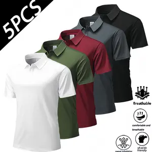 Men's 5-Pack Plain Shortsleeve Knit Polo Shirts (8903 Black+Dark Blue+Burgundy+Green+White), Turn-Down Collar, Slight Stretch, Breathable Fabric, Pullover Button Design, Traditional Fitted, Light Business Casual, Sport, for Weekend Outings, Menswear Top