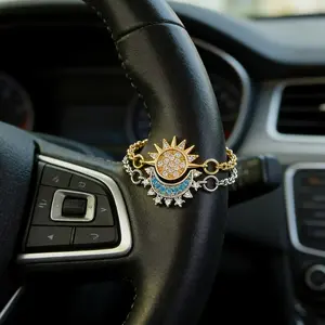 2-Piece Car Interior Decoration Chain Set, Sun & Moon Decorative Necklace, Shiny Stone Pendant, Daily Wear Bracelet, Home Ornament