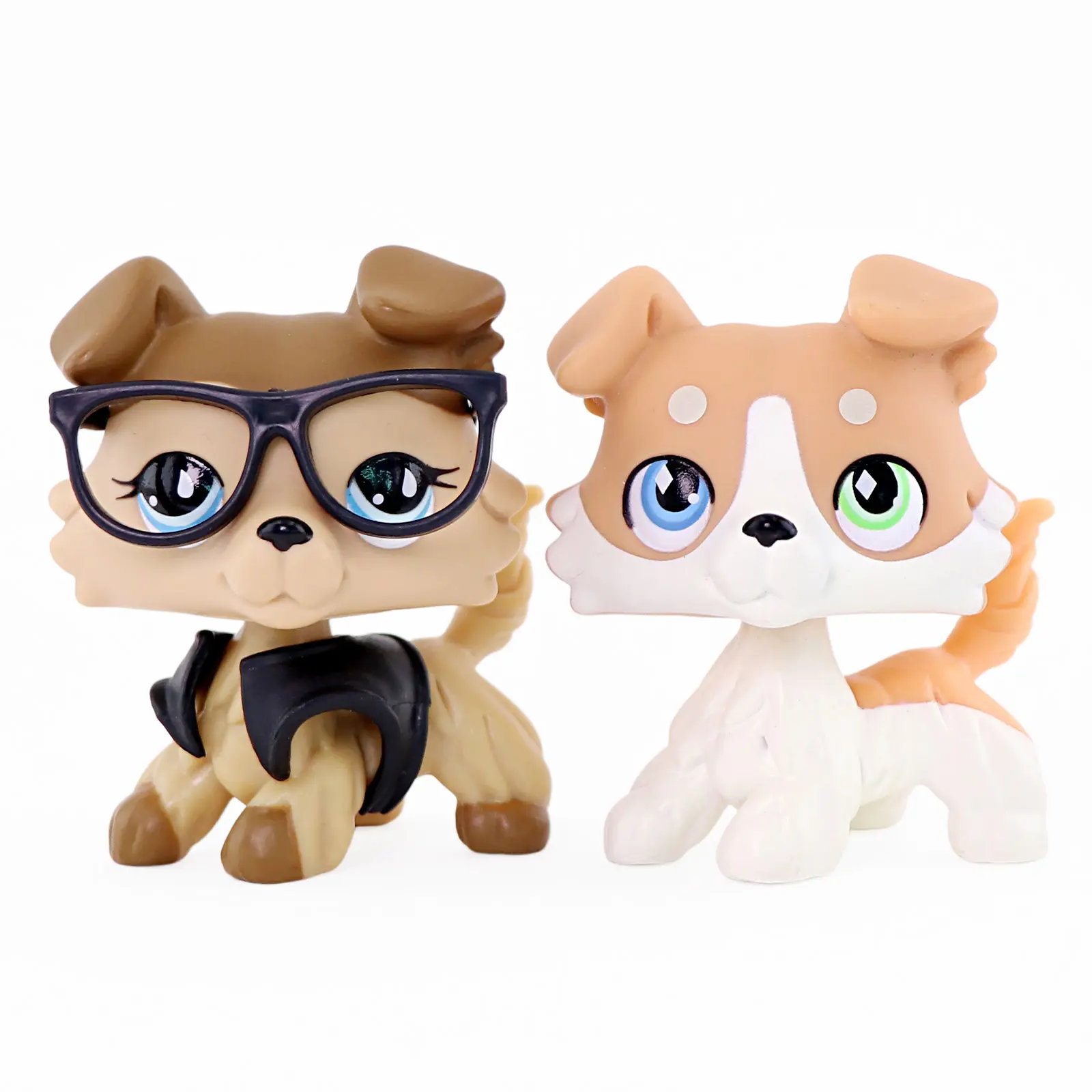 2Pcs Mini Puppy Dog Statues, Collie Animal Figurines with Glasses Accessory, Shelf Decor & Collection Gift