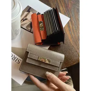 Ultra-Thin Leather Card Holder with Lock and Keychain, Exquisite Cardholder, Compact Zipper Card Case for Daily Travel, Neutral Style