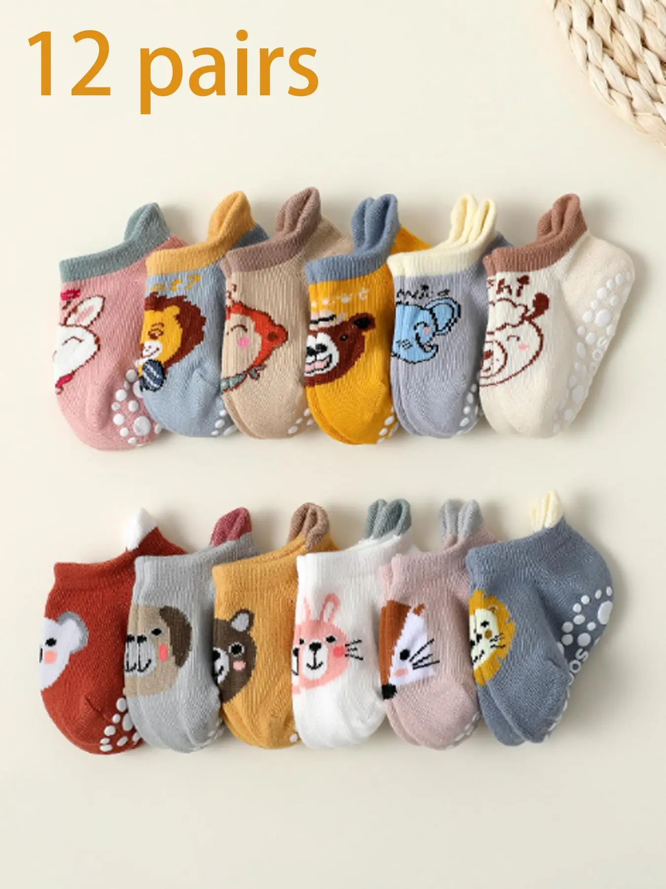 Baby Anti-Slip Socks 12 Pairs Pack, Soft Fabric Cartoon Design, Unisex Infant Toddler Floor Socks for Fall Winter Spring Summer