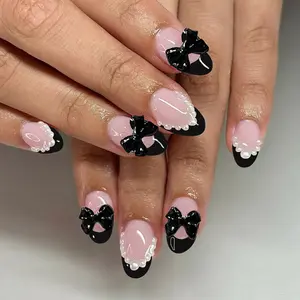 24pcs Short Oval French Bow Pearl Acrylic Press-On Nails Set, Includes Jelly Glue and Nail File, Easy Wear, Perfect for Parties, Fake Nails Kit