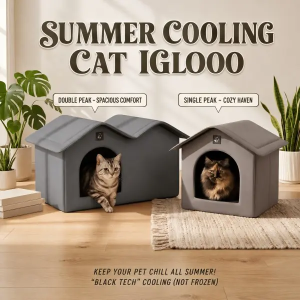 Summer Cooling Cat House with Thermal Foil Liner, Foldable Breathable Indoor Cat Cave Bed, Insulated Pet Shelter for Cats & Small Dogs, Single/Double Roof