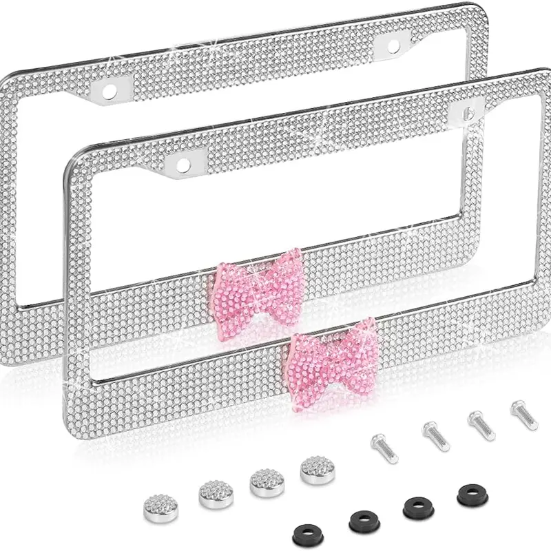 2-Pack Bling License Plate Frames - Premium Stainless Steel with 1000+ Hand Gems, Girly Automotive Vehicle Car Accessories, US Standard, Includes All-Car Hardware