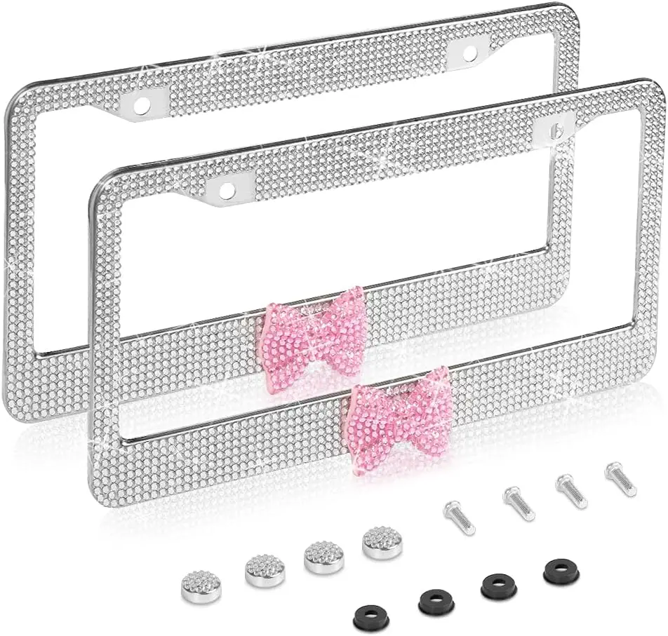 2 Pack Bling License Plate Frame, Rhinestone Premium Stainless Steel License Plate Frame, Facets Clear Color Rhinestone Crystal, Girly Car Accessories