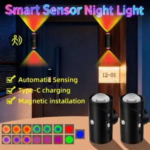 Motion Sensor LED Night Light, RGB Gradient Dimmable Wall Lamp, Magnetic & Adhesive, USB Rechargeable, Ambient Light for Bedroom, Stairs, Hallway
