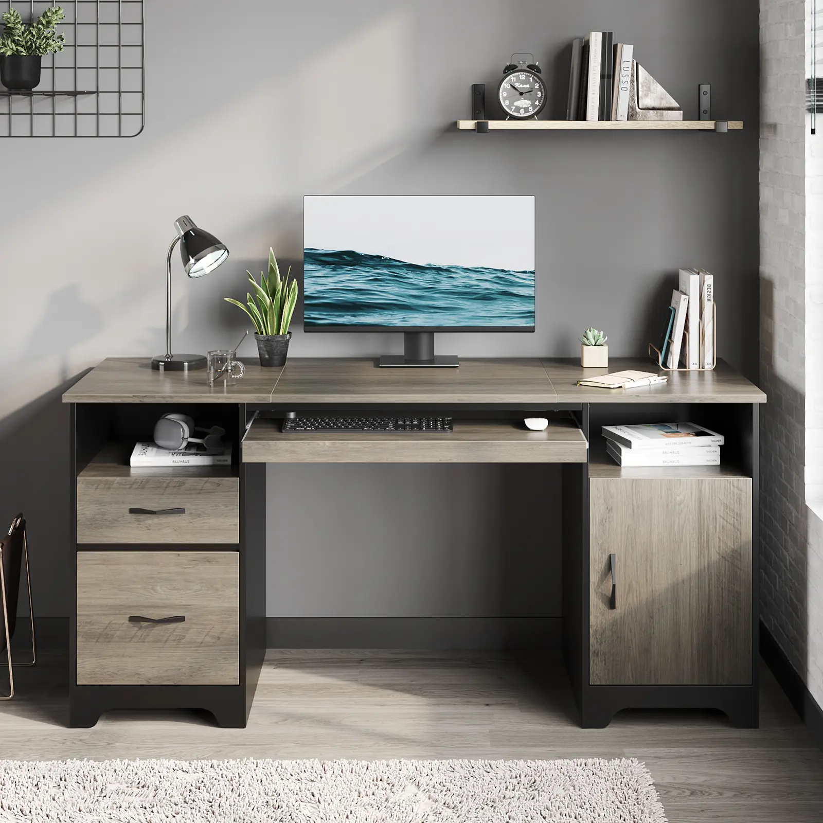 59" Home Office Computer Desk with Drawers, File Cabinet & Keyboard Tray, Executive Workstation 59" Home Office Computer Desk with Drawers, File Cabinet & Keyboard Tray, Executive Workstation