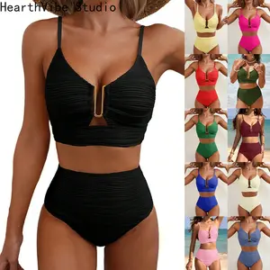 2026 New Women High Waist Bikini European American Style V Neck Hollow Textured Ruched Swimsuit Beachwear Bathing Suit Summer Swimming Wear