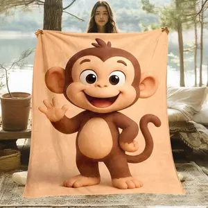 1Pc Cheerful Brown Monkey HD Printed Blanket. Soft And Warm Flannel Blanket For Travel, Camping, Sofa, Livingroom, Couch, Chair, Bed. Gift For Family Or Friends 280GSM 3 Sizes Available (30X40In/50X60In/60X80In) summervibes