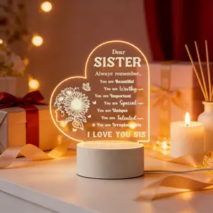 2D Heart Shaped Sister Night Light, Sunflower Decorative LED Table Lamp with Inspirational Quote, Personalized Birthday Christmas Gift for Sister, USB Powered Warm White Desk Lamp for Bedroom Living Room