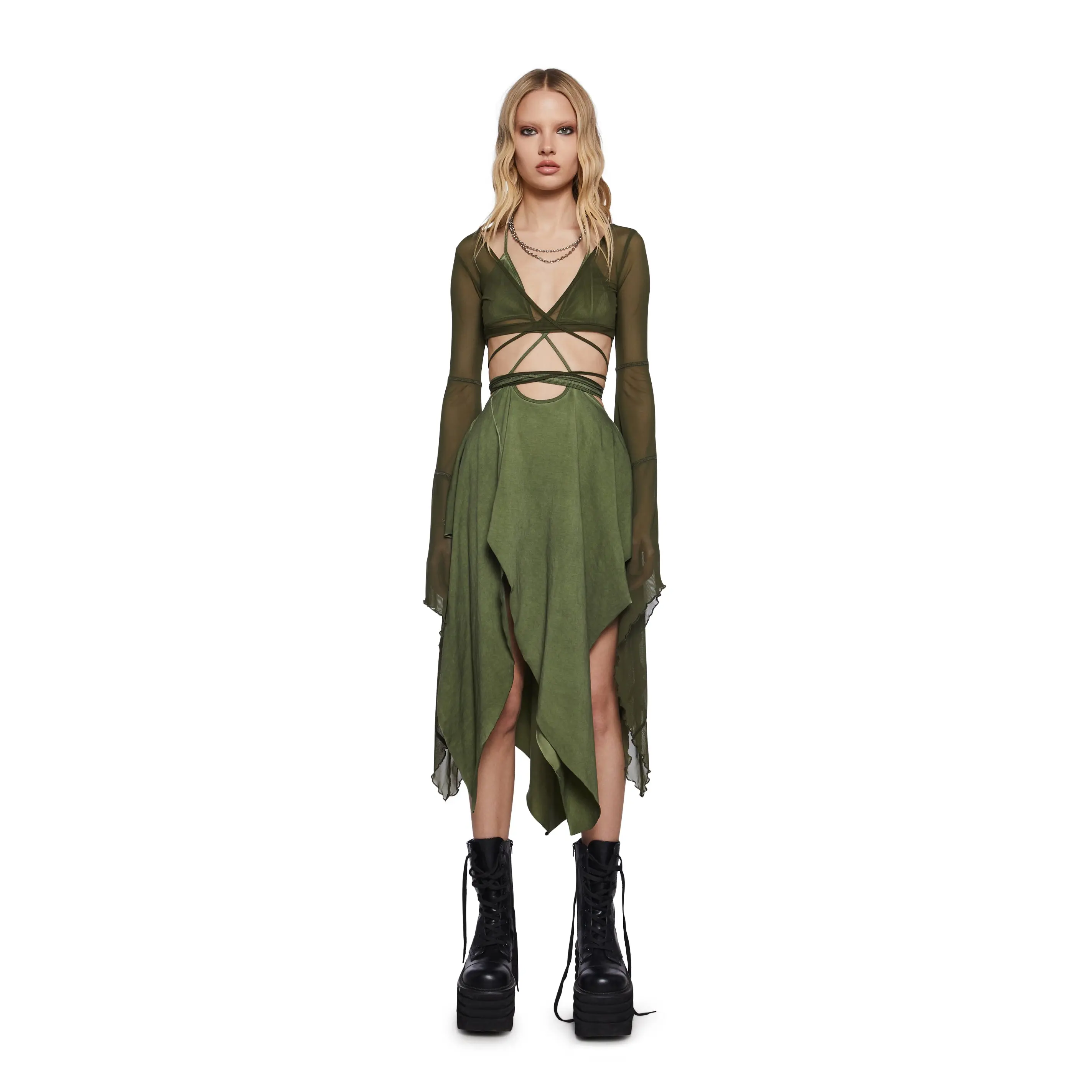 Echo Asymmetrical Mesh Wrap Dress - Green
