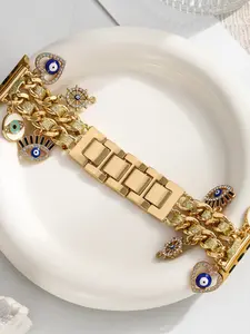 Women Compatible Apple Watch Band, Shiny Leather Chain Metal Strap, Heart-Shaped Rhinestone Pendant, Fits 38-49mm, Birthday Gift