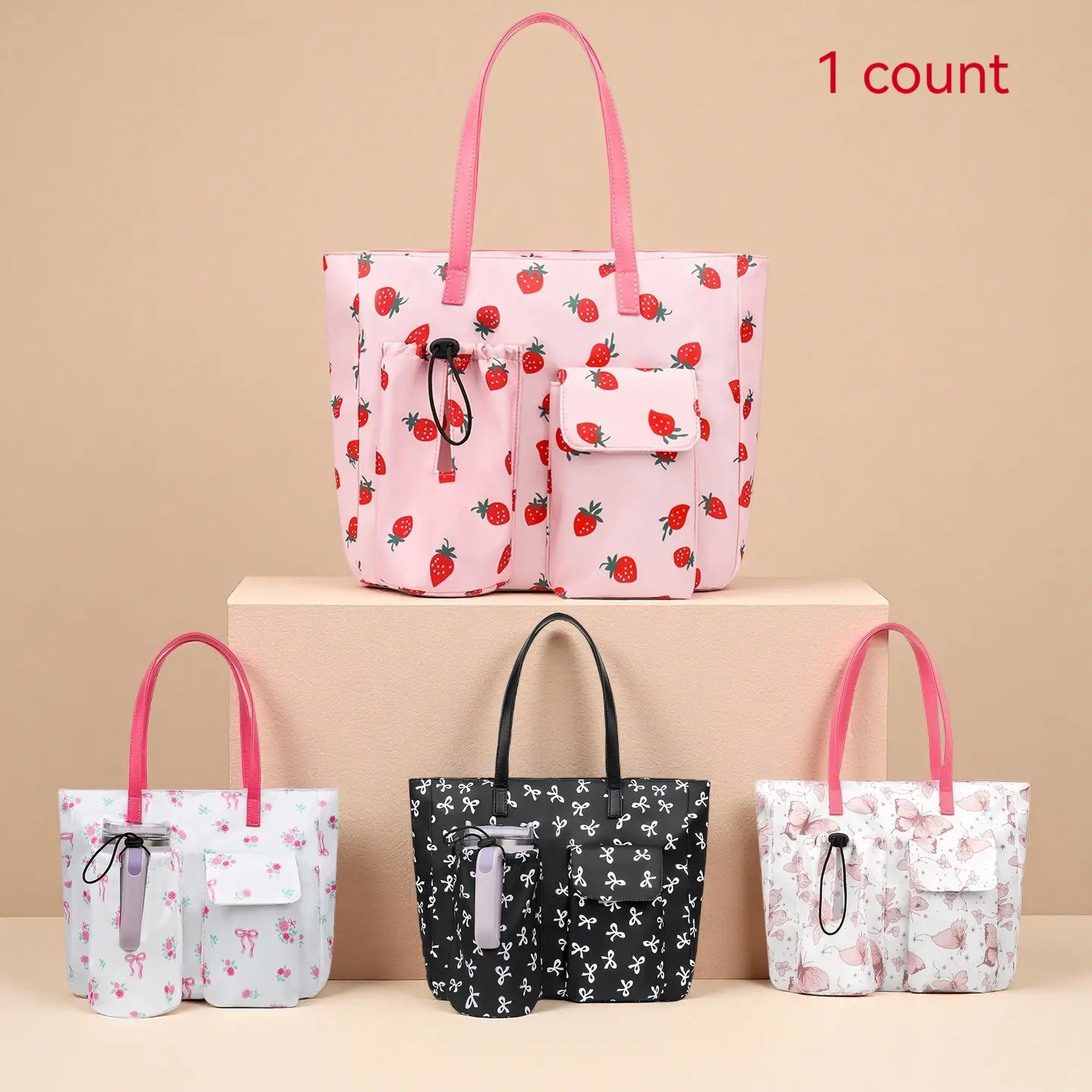 Butterfly Strawberry Tote Bag, Vintage Trendy Aesthetic Tote, Vintage Single Shoulder Large Capacity Backpack, Student Essential Laptop Water Bottle Storage Bag, Strawberry Themed Bag, Fashionable Patterned Bag