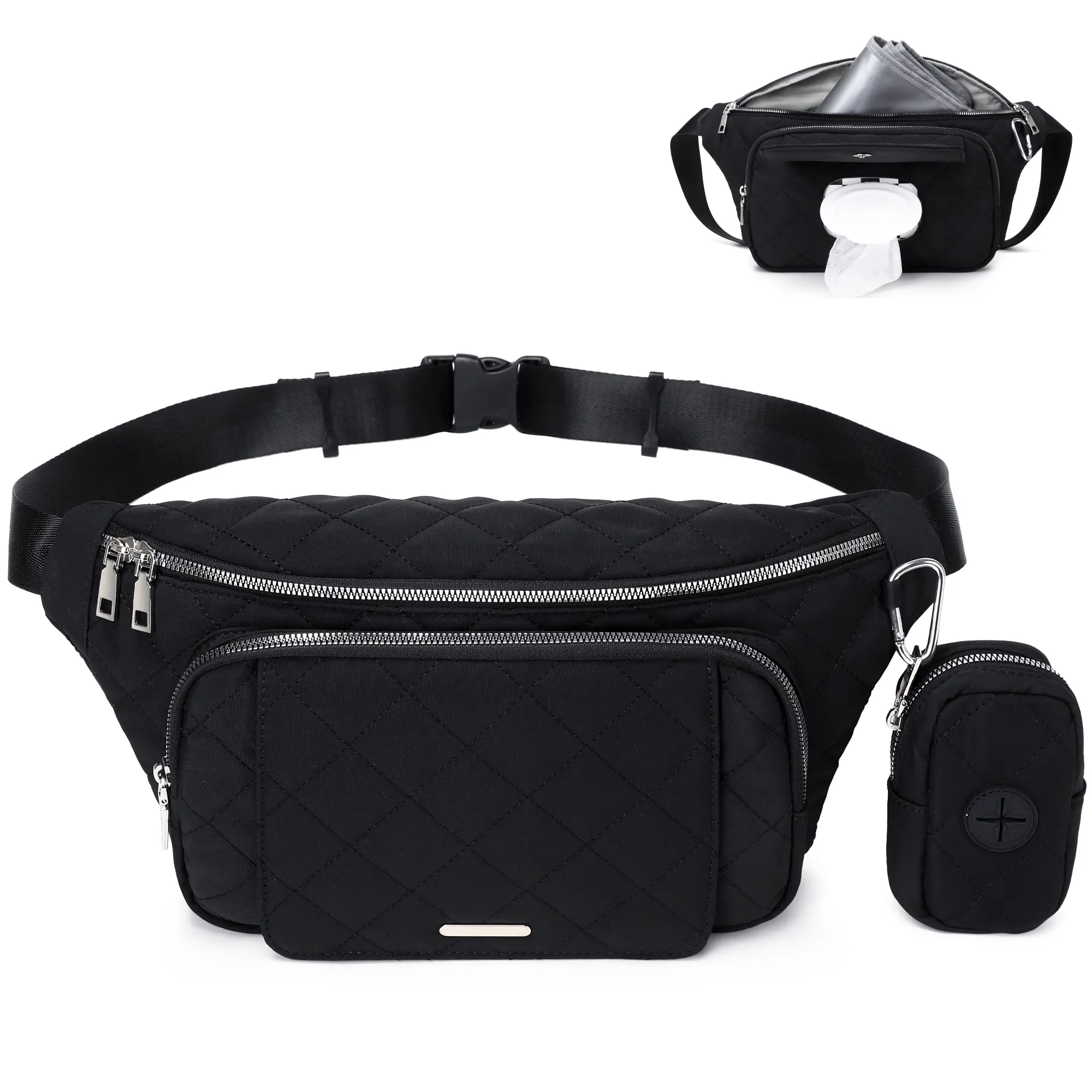 MYHOZEE Small Diaper Bag Fanny Pack Baby Bag with Waterproof Changing Pad Wipes Dispenser Quilted Nylon Crossbody Bags for Mom Compact Diaper Purse Cross Body Purses