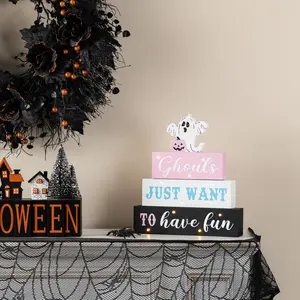 Glitzhome 11.75inH Lighted Pink Wooden Ghost Block Word Sign, Festive Decor Ornaments, Halloween Room Decor for Lighting Up Your Space