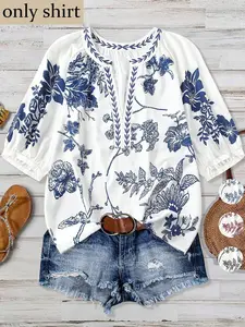 Plus Size Women's Base Blue Ditsy Floral Flower Print Plant V-Neck Blouse, Shirts, Lantern Sleeve Loose Fit Top, Boho Bohemian Summer, Beach Vacation, Casual Wear
