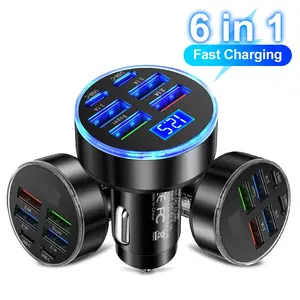 Car Charger Fast Charging 2 PD with 4 USB Digital Display Car Fast Charger 6-in-1 Mobile Charger Head 7A Auto Phone Adapter Auto Accessories