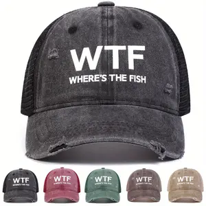 Unisex WTF Letter Print Wash Baseball Mesh Cap Outdoor Sport Adjustable Sunscreen Leisure Hat Spring Autumn Travel Tourism Beach Vacation
