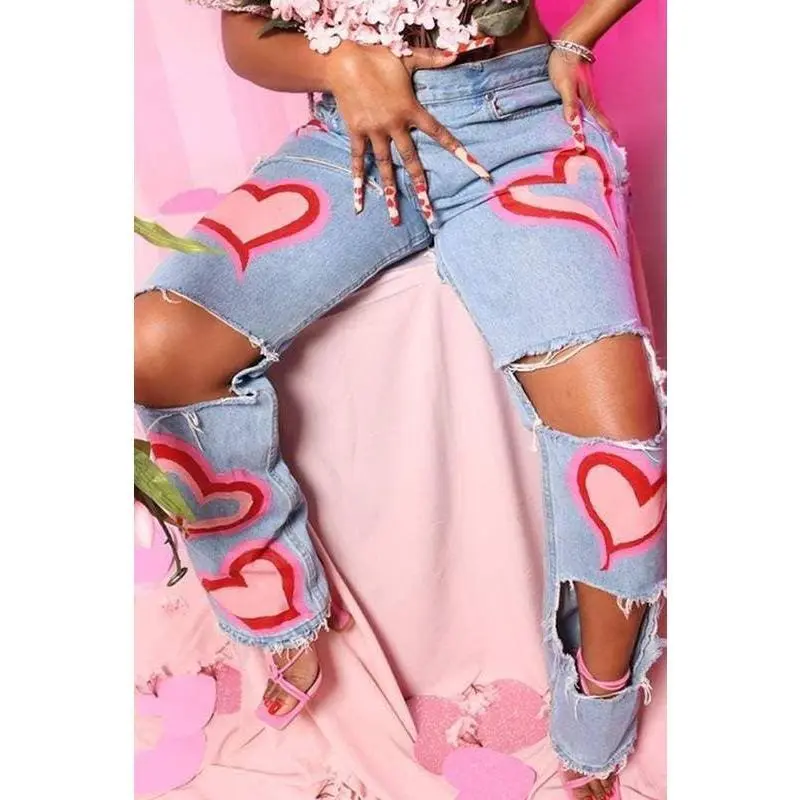 Heart Cut-Out Jeans for Women, High-Waist Straight-Leg Ripped & Distressed Denim for Casual Streetwear Style, Bottom, Pants, Fabric, Cute