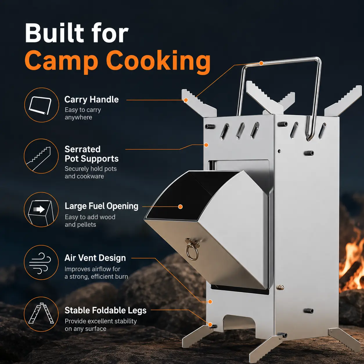 Portable Folding Wood Burning Camping Stove, Stainless Steel Outdoor Cooking Stove with Pot Supports, Large Fuel Feed Opening & Carry Handle for Camping, Hiking, Backpacking and Survival