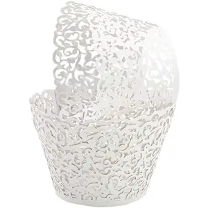 100pcs Little Vine Lace Laser Cut Cupcake Wrappers Paper Baking Cups Muffin Liners for Wedding Party Birthday Decoration White