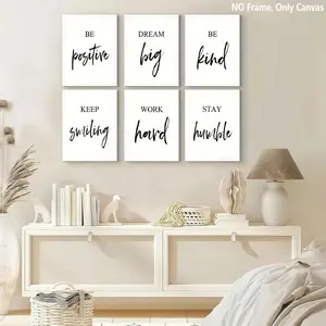 6-count frameless canvas, simple English inspirational poster, black and white positive energy decoration, Modern home decoration, living room wall art, modern family poster, suitable for corridor, bedroom, office, exquisite gifts
