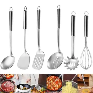 Set of 6 Stainless Steel Kitchen Tools, Including Metal Cooking Utensils That Are Heat Resistant, Featuring Spatulas, a Serving Spoon,Hanging Holes - Gift for Home & Commercial Chefs, Best for Christmas