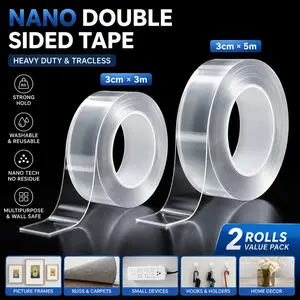 2 Rolls Nano Double Sided Tape Heavy Duty, Clear Washable Reusable Adhesive Mounting Tape, Strong Traceless Removable Gel Tape for Wall Decor, DIY, Home, Office & Picture Hanging