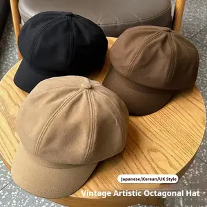 Autumn/Winter Beret for Women Korean Style Versatile Face-Slimming Octagonal Hat Artistic Retro Newsboy Cap Japanese Painter Hat in Black Brown & Beige