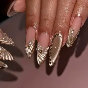 SHEDARES Pearl Cat-Eye Wings – Handmade Gold 3D Press-On Nails with Pearls & Metallic Sculpted Details  – Perfect for Glam Nights & Holiday Parties
