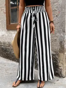 【Plus Size】 Striped Print Wide Leg Pants, Casual Comfy Trousers for Daily Wear, Women's Bottoms for All Seasons, Womenswear
