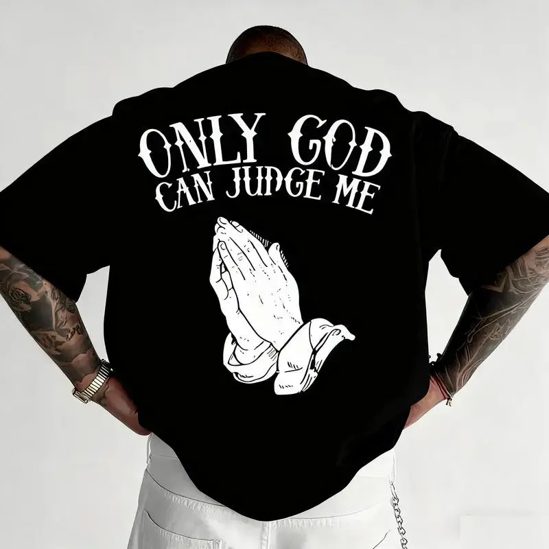 Men's Short Sleeve Graphic T-Shirt with Praying Hands Religious Quote, Casual Loose-Fit Cotton-Poly Menswear, Round Neck, Top