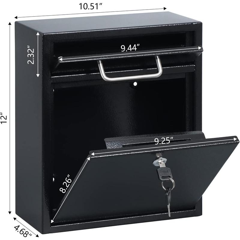 Steel Mailbox Wall Mount, Medium Locking Mailbox with Key Lock, Lock Mail Boxes for Outside,  Key Drop Box, Collection Boxes, 13.4H x 11.6L x 5.6W Inches, Black, Large