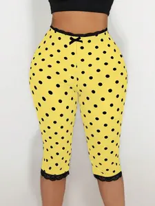 Sirith Women's Lace Trim Bow Polka Dot Print Fit Bermuda Leggings Chic