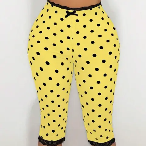 Sirith Women's Lace Trim Bow Polka Dot Print Fit Bermuda Leggings Bottoms Aesthetic