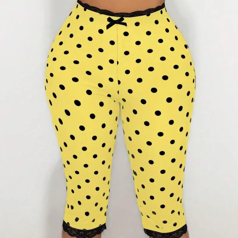 Sirith Women's Lace Trim Bow Polka Dot Print Fit Bermuda Leggings Bottoms Aesthetic
