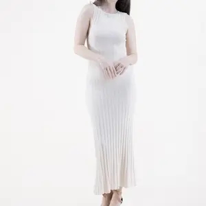 Women Jewel Neck Sleeveless Ribbed Knit Bodycon Dress