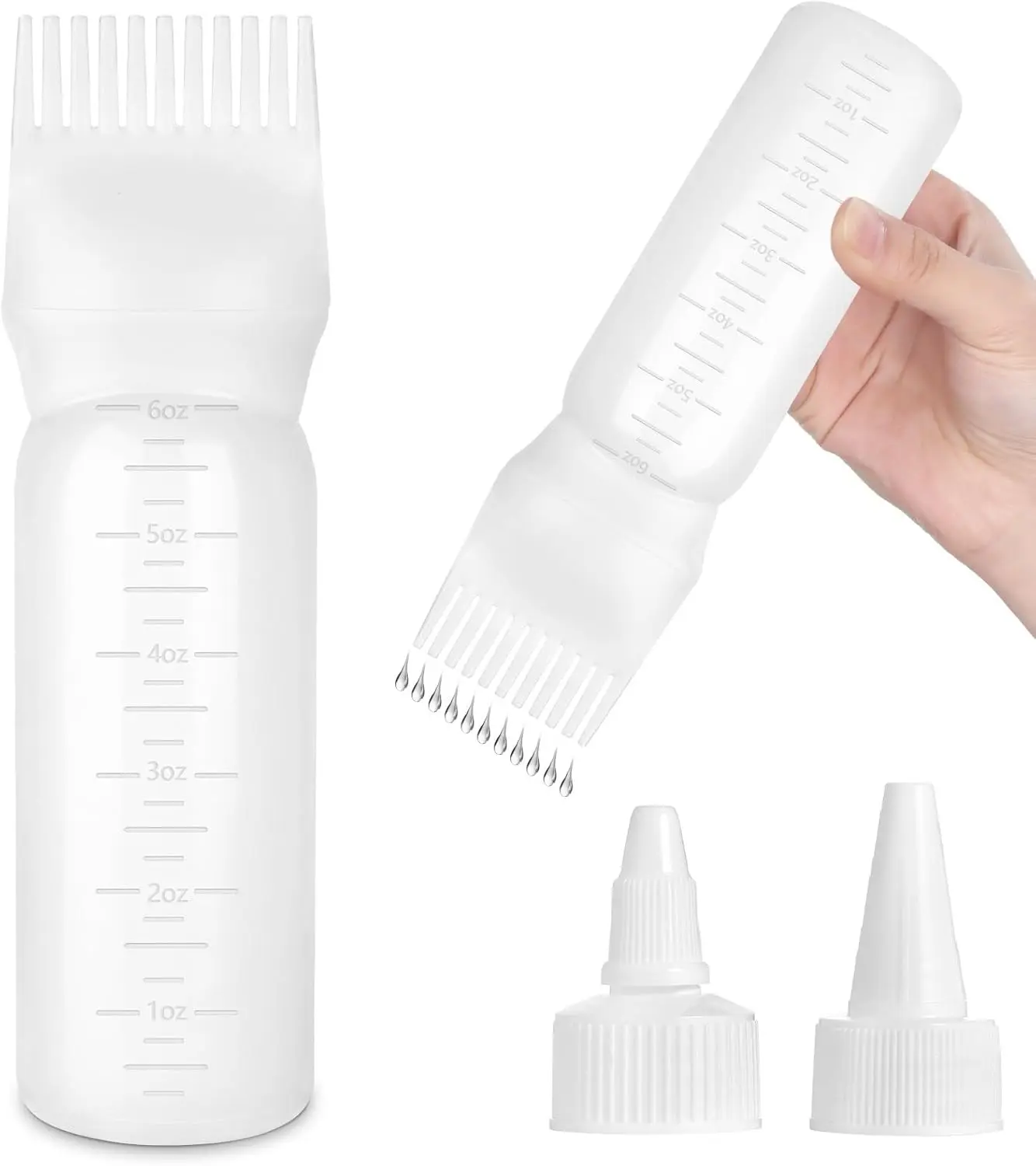 6oz Natural Precise Root Comb Applicator Bottle for Haircare - White Reusable Hair Dye & Scalp Oil Applicator with 2 Cap Types, Graduated Scale for Home Salon Use (Halloween Fall Gift)