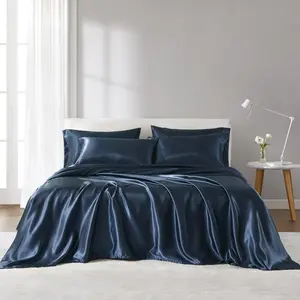 360 Stand Satin Luxury Sheet Set, 66x96x0.13 in, Midnight Blue, Twin Size, Oeko-Tex Safe, for Twin Size Bed
